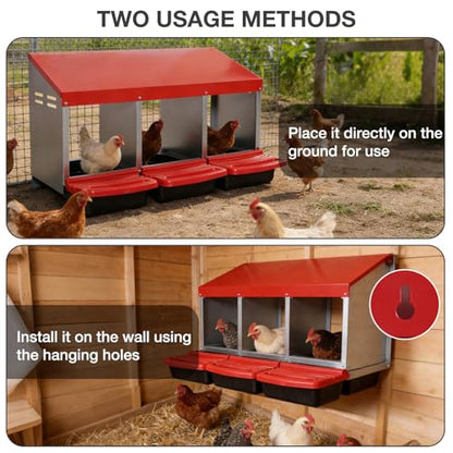 Chicken Nesting Boxes, 3 Compartments Egg Collection with Removable Drawer, Chicken Metal Laying Nest Box for Hens, Easy to Assemble, for Chicken Coop, Red - color: Red