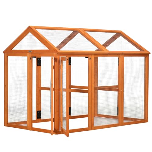 PawHut Chicken Run, Wooden Large Chicken Coop, Combinable Design with Perches & Doors for Outdoor, Backyard, Farm, 4.6' x 2.8', Orange - color: Orange
