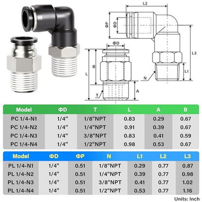 TAILONZ PNEUMATIC Elbow and Straight Combination 1/4 Inch Tube OD x 1/4 Inch NPT Thread Push to Connect Fittings PC-1/4-N2+PL-1/4-N2(Pack of 30) - size: 1/4"OD x 1/4"NPT