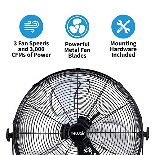 NewAir 20" High Velocity Wall Mount Fan, Heavy Duty Waterproof Outdoor Fan, Adjustable Tilt and 3 Speeds up to 4650 CFM, Pull Chain Switch | Wall Fan or Garage Fan for Indoor, Patio, Gym or Porch