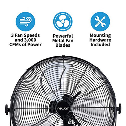 NewAir 18” High Velocity Wall Mounted Fan | Industrial Grade with 3,000 CFM Airflow, 3 Speeds and Heavy-Duty Metal Blades | Fan for Bedroom Garage, Gym & Home Use