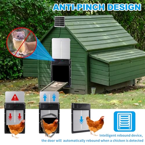 Automatic Chicken Coop Door Solar Powered USB Charging, Battery Operated, HD1080P Camera, Auto Pet Door Opener with Timer, Remote & APP Control, Anti-Pinch, Alarm Drive 4 Modes (Lift Door)