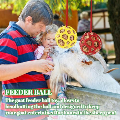 Goat Feeder Hanging Feeding Toy,Horse Treat Hay Feeder Toy, Durable TPR Feeding,for Horse Goat Sheep Relieve Stress,Stretch-Resistant Design(2pcs,Red+Yellow)