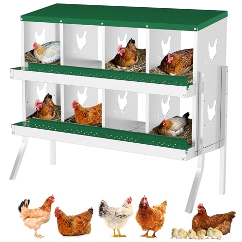 Hetoy Chicken Nesting Box, Multi-Compartment Metal Hen Laying Box with Breathable Holes & Resting Platform, Wall Mounted/Floor Rollaway Nesting Boxes for Laying & Collection Eggs, 8 Grids - color: Green with stand, size: 8 Compartment