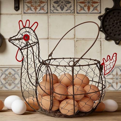 Rustic Wire Egg Basket with Handle, Rooster Chicken Shaped | Metal Construction, Holds 15-30 Eggs, Farmhouse Countertop Decor, Chicken Coop, Easter and Gift