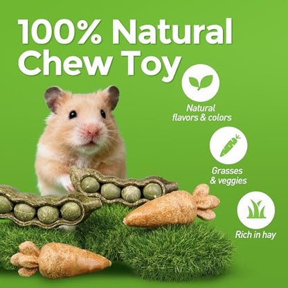 TEEWY 4PCS Guinea Pig Toys, Prevent Teeth Overgrowth, Natural Vegetables and Timothy Grass, Hamster Chew Toys, Chinchilla Toy, Peapod and Carrot Chew Toy Set - style: 4PCS-Peapod and Carrot