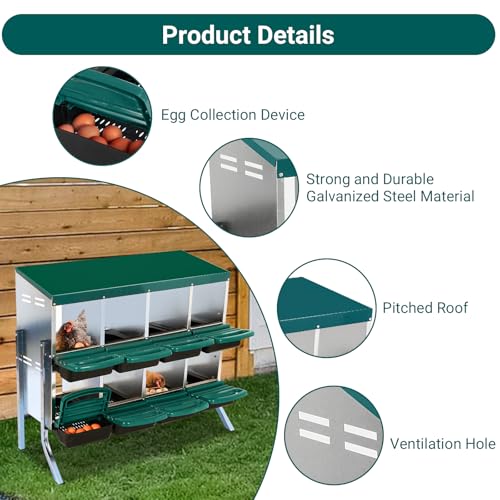 Chicken Nesting Box, 8 Compartment Roll Away Nesting Box for Eggs, Chicken Laying Box with Egg Collection, Cleanable Pull Out Hen Roosting Boxes ﻿ - color: Green, size: 8 Holes wit Legs