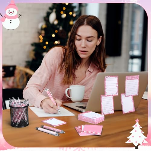 Dispowreath 24 Pcs Pink Christmas Sticky Notes with Pens Holiday Gifts Self Adhesive Notepad Cute Memo Notes Pads Black Ink Ballpoint Pen for Office School Students Teacher Supplies - style: Pink Xmas