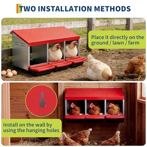 Chicken Nesting Boxes 3 Compartments, Metal Rollout Egg Laying Box with Swing Perch, Easy Clean Hen Nesting Box for Chicken Coop and Poultry Houses