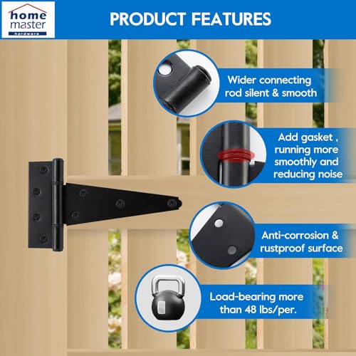 HOME MASTER HARDWARE 6 Inch T-Strap Heavy Duty Shed Door Hinges, Black Tee Hinge for Wooden Fences,Yard Door, Barn Door Gates, Rustproof Wrought Iron with Screws, 4 Pack - size: 6 in-4 Pack