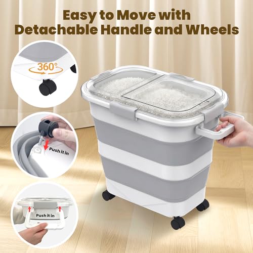 25-35Lbs Rice Container,Collapsible Food Storage Containers with Transparent Airtight Lid,Wheels,Rice Storage Container with Small Bin and Scoop,Rice Dispenser for Flour Sugar Cereal Grain Dog Cat - color: Clear/25-35lbs