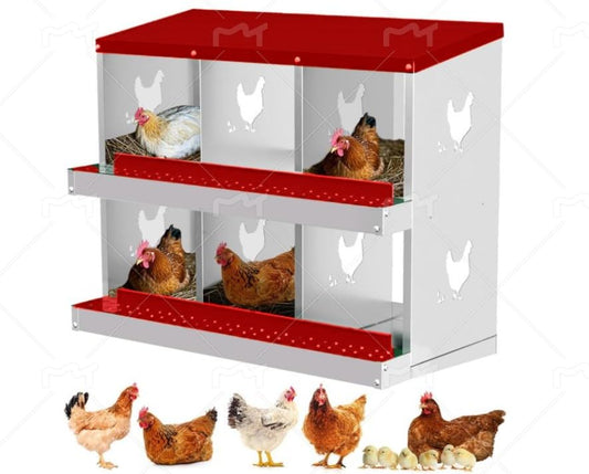Metal Chicken Nesting Box 6 Compartment, Red 2-Layer, Wall Mount or Free Standing, Perch, Secure Lid, Vented Holes, Easy Egg Collection – Poultry Coop Accessory - color: Red, size: 37.0"L x 5.0"W x 14.0"H