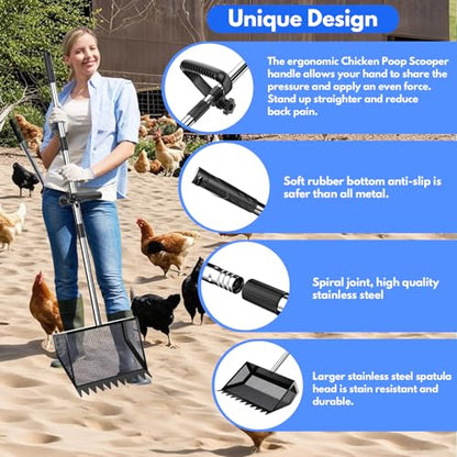VEEMI Chicken Poop Scooper Rake 2-in-1,304 Stainless Steel Shovel Head, Chicken Litter Scoop with Handle for Chicken Coop for Sand, Pet Waste Cleaning, Litter Sifting Shovel (35 to 65")