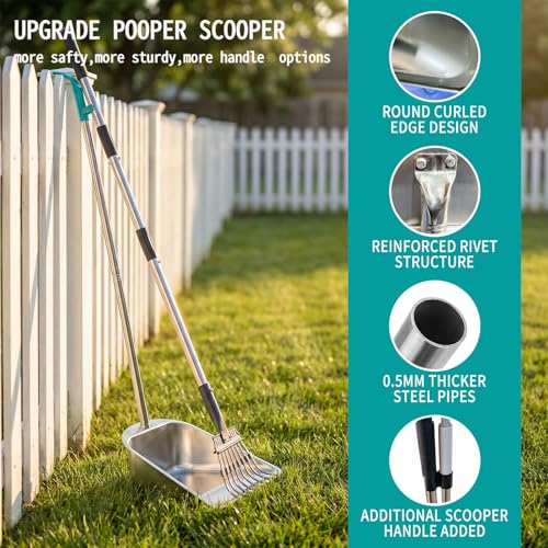 Dog Pooper Scooper for Large Dogs with Large Capacity Tray and 36" Long Handle Rake,Stainless Steel Dog Poop Scooper for Dogs,Heavy Duty Dog Poop Scooper for Yard