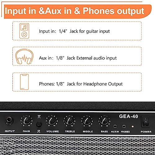 Ktaxon 40Watt Electric Guitar Amplifier, Portable Electric Guitar Amp with 8" Speaker, Headphone Jack & Aux Input Bass, Volume, Treble, and Gain Controls for Beginner, Advance Practice
