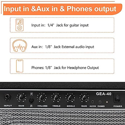 Ktaxon 40Watt Electric Guitar Amplifier, Portable Electric Guitar Amp with 8" Speaker, Headphone Jack & Aux Input Bass, Volume, Treble, and Gain Controls for Beginner, Advance Practice
