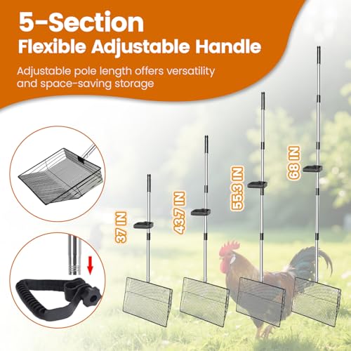 15 inch Extra Large Chicken Poop Scooper with Ergonomic Grip,5-in-1 Heavy Duty Adjustable Coop Scoop for Poop (24 to 68"), Stainless Steel Sifting Litter Shovel Scoop for Chicken Coop
