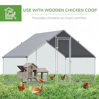 9.8ft Long × 6.6ft Wide × 6.6ft High Galvanized Steel Chicken Run with Walk-in Clearance Lockable Door UV-Resistant Cover Silver