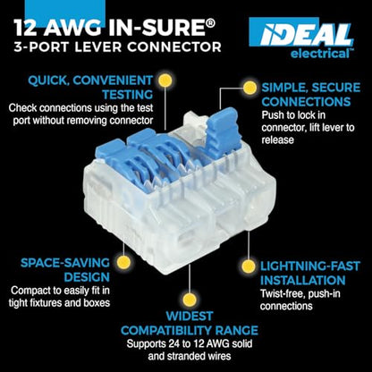 Ideal Electrical in-Sure Lever Wire Connector, 12 AWG, 3-Port(30-10L23), Box of 100—Compact Releasable Connectors for Solid and Stranded Wires - size: Box of 100, style: 3 Port / 12-24 AWG
