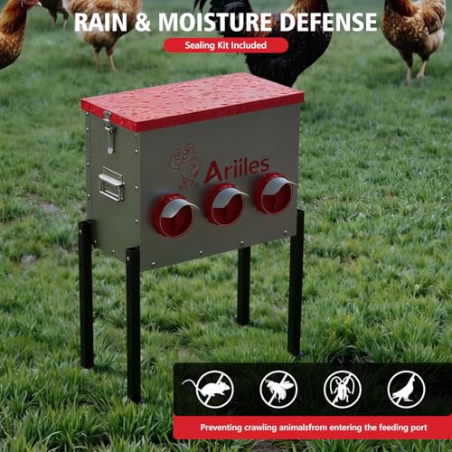 Automatic Chicken Feeder Box, 40lb Capacity, 6 No-Waste Ports, Metal Poultry Feeder with Covered Lid & Elevated Stand, Feed Dispenser for Chickens, Ducks & Backyard - size: 40 LB