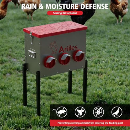 Automatic Chicken Feeder Box, 40lb Capacity, 6 No-Waste Ports, Metal Poultry Feeder with Covered Lid & Elevated Stand, Feed Dispenser for Chickens, Ducks & Backyard - size: 40 LB