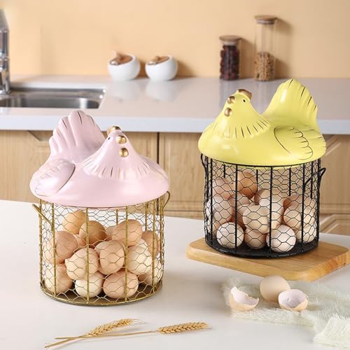 NFNSIG Chicken Egg Basket, Chicken Egg Holder, Black Wire Chicken Egg Collection Baskets with Ceramic Lid and Handle for Gathering Fresh Eggs, Farmhouse Style Egg Storage Container for Kitchen(White) - color: White
