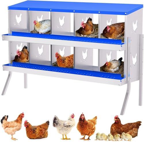 Chicken Nesting Box, 10 Compartments Roll Away Nesting Boxes for Chickens with Easy Egg Collection, Metal Chicken Laying Boxes for Hens, Wall Mounted/Floor Rollaway Laying Boxes for Protect Eggs - color: Blue with stand, size: 10 Compartment