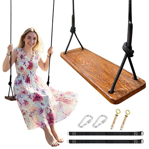 Wooden Tree Swing 24"x 8"x 1.2" 500lbs Load,Hanging Wood Swing for Adults & Kids,Adjustable Climbing Rope Plus Tree Straps, Wooden Swing Seat for Outdoor & Indoor - color: Dark Brown (Upgraded)