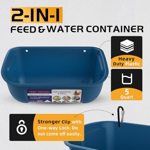 Goovilla Chicken Feeder Waterer, Hanging or Screw-in Fence Feeders with Clips, 2 Pack 5 Quart Goat Feeding Supplies, Duck Piglet Sheeple Coop Dog Livestock Poultry Plastic Feeder Trough Bucket, Blue - color: Dark Blue, size: 5 Quart