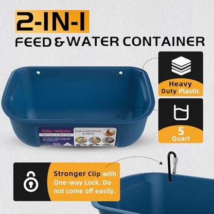 Goovilla Chicken Feeder Waterer, Hanging or Screw-in Fence Feeders with Clips, 2 Pack 5 Quart Goat Feeding Supplies, Duck Piglet Sheeple Coop Dog Livestock Poultry Plastic Feeder Trough Bucket, Blue - color: Dark Blue, size: 5 Quart