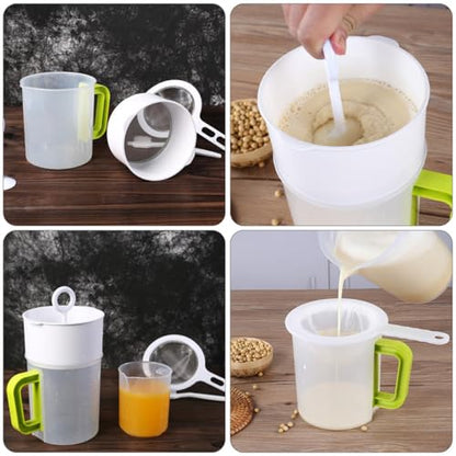 Soy Milk Filter Cup and Juice Mesh Strainer Set 1.5l with Fine Food Strainer Spoon and Cleaning Brush for Homemade Yogurt, Nut Milk, and Juice Filtering in Kitchen
