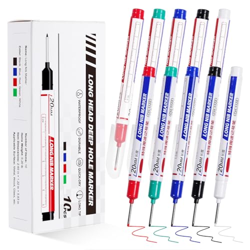 10 PCS Long Head Deep Hole Marker Pens, 20 MM Long Nib Marker for Metal, Multi-purpose Deep Reach Markers Quick Dry Waterproof Marking Pens Construction Markers with Long Nose