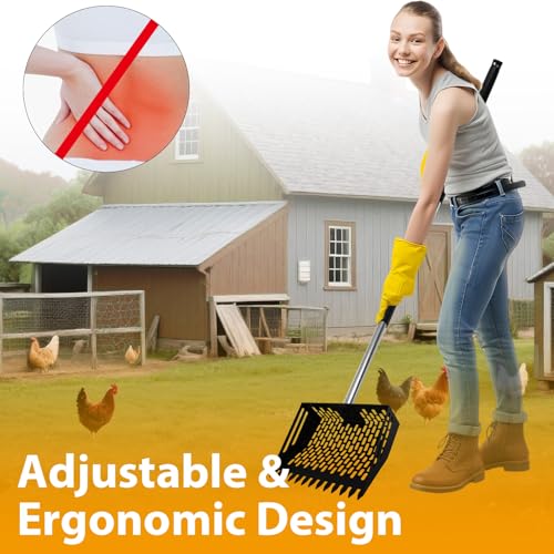 Chicken Poop Scooper & Rake,Metal Coop Scoop for Poop Sand with 35" to 62" Adjustable Stainless Steel Handle,Cleaning Supplies for Chicken Coops & Animals House