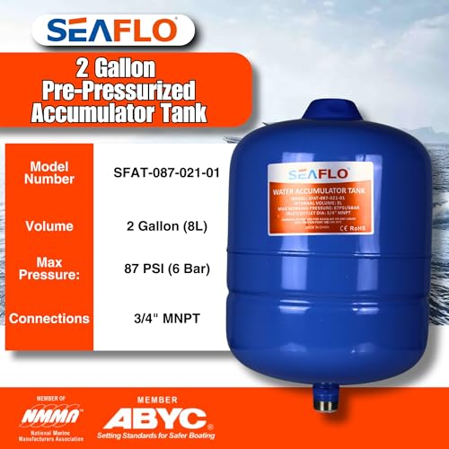 SEAFLO 2 Gallon Pre-Pressurized Accumulator Expansion Tank – Reduces Pump Cycling, Smooth Water Flow, 87 PSI, 3/4" MNPT, Compact Design for RV, Marine, Boat & Off-Grid Systems – 4-Year Warranty - style: 2 Gal (8 L)