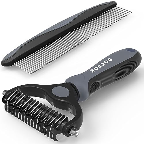 Docrok Pet Grooming Brush and Metal Comb Combo, Cat Brush Dog Brush for Shedding, Undercoat Rake for Dogs Grooming, Dematting Deshedding Brush Dogs Shedding Tool for Long matted Haired Pets, Gray - color: Gray