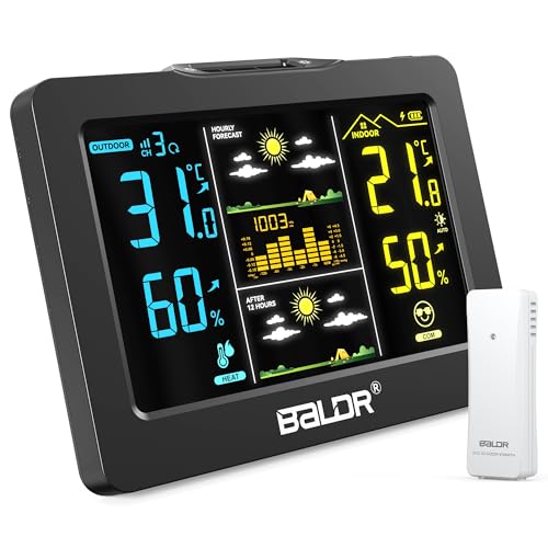 Wireless Weather Station with Outdoor Sensor, Indoor Outdoor Thermometer Hygrometer, HD Color Display, Smart Backlight, Rechargeable Battery Temperature Humidity Monitor - color: Black