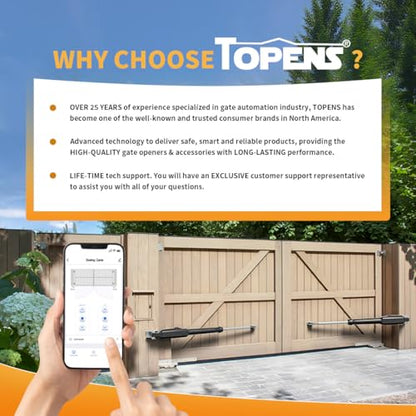 TOPENS XD852 Smart Gate Opener for Heavy Duty Dual Swing Gates Up to 18ft per Arm, Automatic Gate Opener with App Control AC Powered Remote Control Kit Solar Compatible