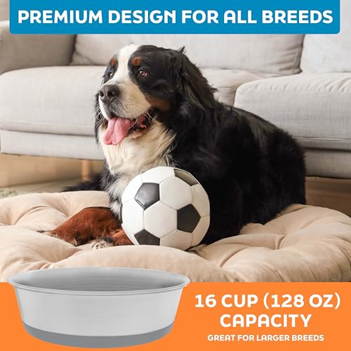 Master Pet Supply Stainless Steel Dog Bowls Set of 2 with Extra Thick Silicone Base - 16 Cup (128 oz) Graphite, Non-Slip, Dishwasher Safe Metal Bowls, Pet Dog Food Bowl for Dogs, Cats, Anti Rust - color: Graphite, size: 16 Cups (128 oz) 2 Pack