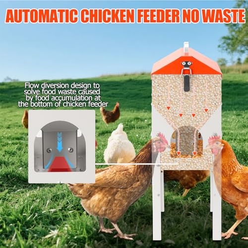 17Lbs Chicken Feeder No Waste Poultry Feeder 10 Feeding Ports | Base No Buildup-No Waste, With Secure Locking Lid & Adjustable Legs, Galvanized Metal, Coop Food Dispenser For Backyard Flock