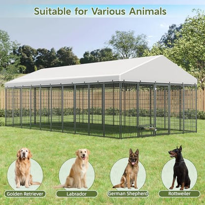 Large Dog Kennel Outdoor with Waterproof Roof Cover 18.9'L X 9.6'W X 6.76'H Metal Dog Run Enclosure Pet Pen Fence with 2 Rotatable Feeders Outside Dog House for Yard Chicken Coop Animals Ventilated