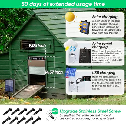 Automatic Chicken Coop Door Solar Powered, Anti-Trap Chicken Door with LCD Screen, Light Sensor, Timer, Remote Control, Anti-Pinch Design,for Chicken, Duck, Goose Farms