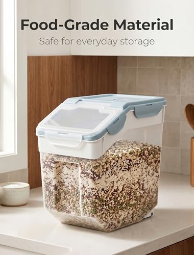 Roadoor Airtight Food Storage Container, 55 lb Flour Storage Bin with Silicone Seal Locking Lid and Wheels, Large Rice Storage Container with Measuring Cup, Pantry Dry Food Pet Food Storage (Blue)