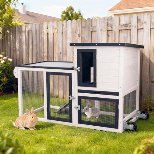 Rabbit Hutch Indoor Outdoor Bunny Cage, Weather Resistant Openable Roof, Slide Out Tray, Handle & Rolling Wheels, Chicken Coop, 48.05" L x 26.02" W x 34.3" H, White - color: White