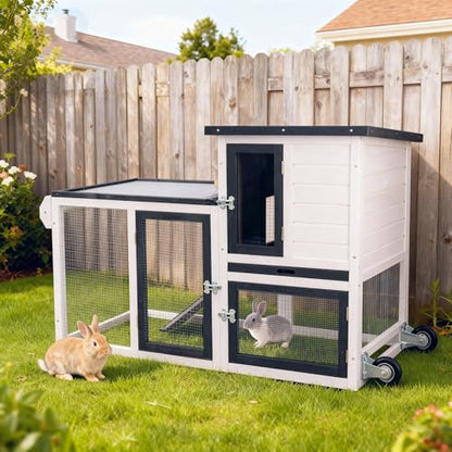 Rabbit Hutch Indoor Outdoor Bunny Cage, Weather Resistant Openable Roof, Slide Out Tray, Handle & Rolling Wheels, Chicken Coop, 48.05" L x 26.02" W x 34.3" H, White - color: White