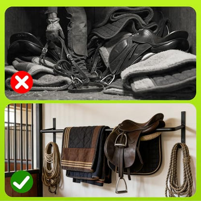 4Pcs Heavy Duty Horse Blanket Rack with Bridle Hooks, Wall Mounted Assembled Blanket Bar, Saddle Pad Rack for Horse Tack Storage, Black