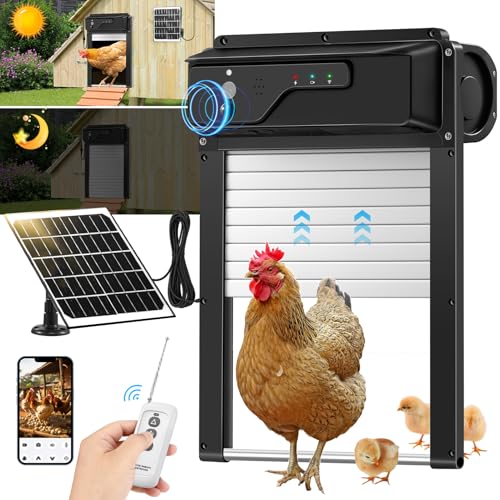Automatic Chicken Coop Door Solar Powered and 5000mAh Battery, LCD Display Automatic Chicken Door with Timer & Light Sensor & PIR, APP Remote Control Solar Chicken Coop Door
