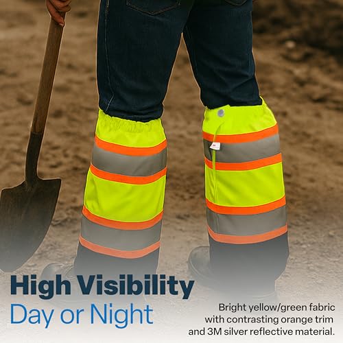 GGS Leg Gaiters - High Visibility Polyester with Reflective Tape, Lightweight Safety Gear for Hunting, Construction/Roadwork, Outdoor Projects, Universal Fit, Yellow/Green - color: High-visibility Yellow/Green, style: Solid Polyester
