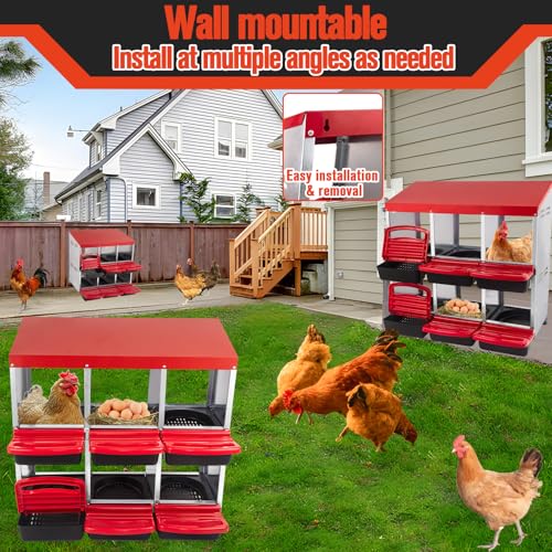 6 Hole Chicken Nesting Box - Heavy Duty Red Metal Roll Away Egg Laying Box for Hens with Perch & Ventilation - Wall Mount Poultry Coop Nest Box with Removable Tray