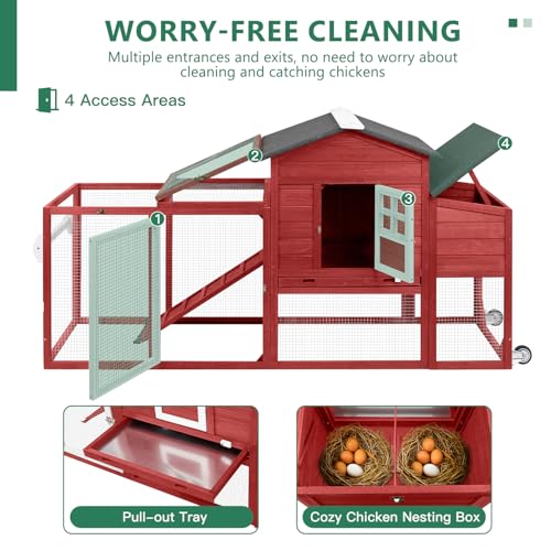 158" L Large Chicken Coop with Run, Chicken House with Nesting Boxes, Wheels, Outdoor Mobile Hen Chicken Coop Poultry Cage with Removable Tray, Ramp (Red) - color: 158" L Red