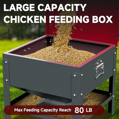 Automatic Chicken and Duck Feeder, 80 LBS Capacity Metal Chicken Feeder, Weatherproof Outdoor Gravity Feeding Barrel, No-Waste Feeder for Backyard Flock (Red) - color: Red
